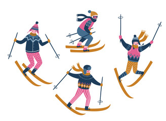 Vector winter  illustration of skiers. Sports children isolated on the white background. Trendy scandinavian design elements.