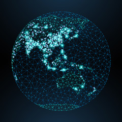 Vector low-poly image of a globe with lights in the form of world cities or population density. © vinap