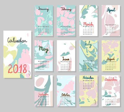 Hand drawing vector Calendar 2018. Abstract painting templates.