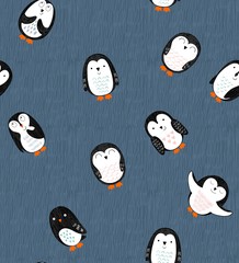 Vector seamless pattern with cute cartoon penguins