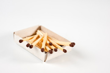 Matches of wood with brown sulfur on a white background