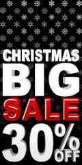 Stock Illustration - Silver 30 Percentage Off, White Christmas BIG, Red Sale, Bold Text, Isolated against the Black Background, White Snowflakes in Background, 3D Illustration.