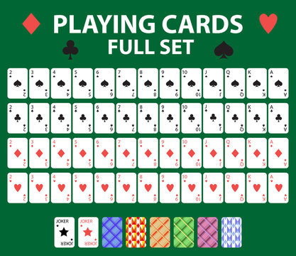 Playing cards full deck for poker, black jack. Collection with a joker and backs. Isolated on a green background. Vector illustration