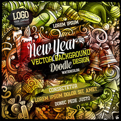 Obraz premium Cartoon watercolor hand drawn doodles New Year card design