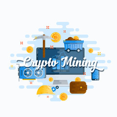 Cryptocurrency Mining Abstract Vector Flat Style Modern Illustration. Bitcoin Digital Currency, Mining Tools, Electronics and Infographics Icons Concept. Good Header or Banner for Your Website or