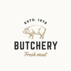 Fresh Meat Butchery Abstract Vector Sign, Symbol or Logo Template. Hand Drawn Engraving Pig Sillhouette with Retro Typography. Vintage Emblem.