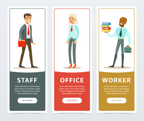 Vertical banners set with office staff. Man walking with bag, woman standing and black male holding folders and briefcase. Flat vector
