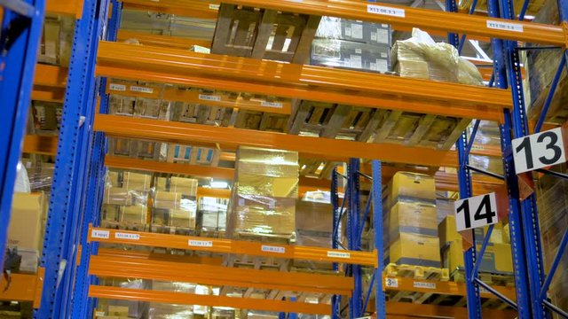 A highest level of warehouse racks in a close-up view. 