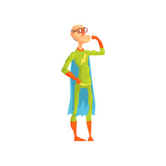 Old superhero showing his biceps. Grandfather in good physical shape. Elderly character in glasses, hero costume with cape and gloves. Flat vector.