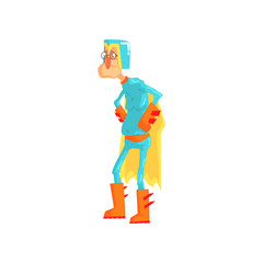 Cartoon elderly man dressed as superhero. Funny old character standing with arms akimbo in blue hero costume with helmet and yellow cape. Isolated flat vector