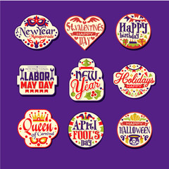 Set of colorful flat retro festive logo or label design. New Year, St Valentine s Day, happy birthday, Labor May day, carnival. Vector collection