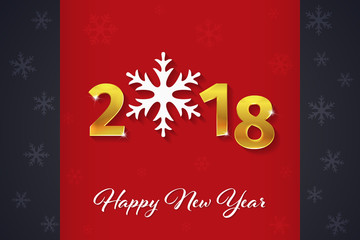 2018 Happy New Year golden 3D text on the Christmas red and dark background with snowflake silhouettes. Poster, flyer, banner template. Clean, flat, minimal winter background. Vector Illustration.