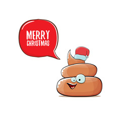 vector funny cartoon cool cute brown smiling poo icon with santa red hat and speech bubble isolated on white background. funky christmas character.
