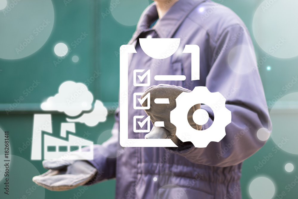 Poster project management industrial concept. man using virtual interface offers factory icon and presses c