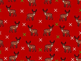 Christmas seamless pattern with brown deers. Vector texture for gift packaging, invitation card, cover, wallpaper, scrapbook, textile, holiday decor.