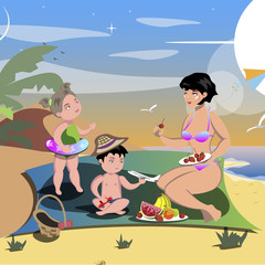 Mother with kids on ocean or sea beach