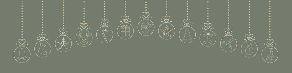 Hand drawn Christmas decoration with hanging baubles. Vector.