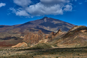 Volcano Teide and lava scenery in Teide National Park, Rocky volcanic landscape of the caldera of Teide national park in Tenerife, Canary Islands, Spain