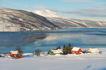 Winter view to Lavangen fjord and Soloy village, Troms county, Norway.