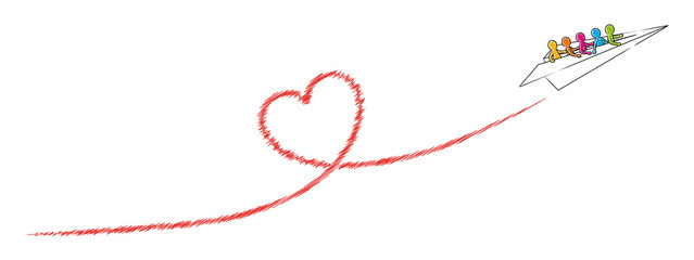 Papierflugzeug mit einer Gruppe Strichmännchen fliegt ein rotes Herz / Vektor-Zeichnung, freigestellt