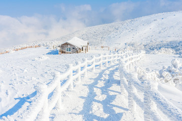  winter landscape in the mountains with falling snow in Seoul,South Korea.