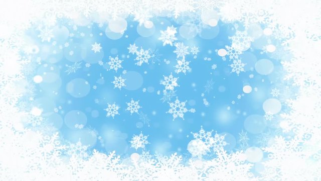 Frosty icy crystal Christmas frame with snowflakes falling, winter seasonal scene, white snow and frost, festive background with snowfall, abstract illustration, animation