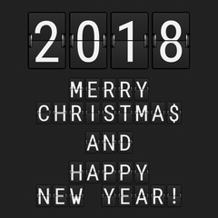Vector Analog Flip Numbers 2018 and Flip Letters Merry Christmas and Happy New Year. Greeting Card made of Airport Flip Board Symbols