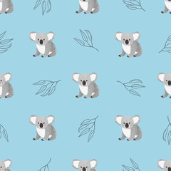 Seamless pattern with cute watercolor koala bears on blue. Vector background © Afanasia