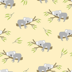 Seamless pattern with cute sleeping koala bears. Vector background