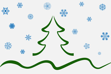 christmas tree green background and blue flakes