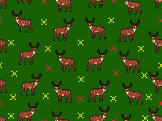 Christmas seamless pattern with brown deers. Vector texture for gift packaging, invitation card, cover, wallpaper, scrapbook, textile, holiday decor.