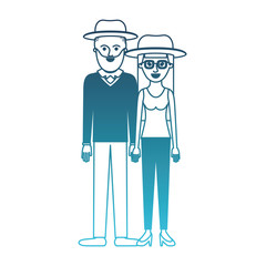 couple in degraded blue silhouette and both with hat and him with beard and sweater and pants and shoes and her with glasses t-shirt sleeveless and pants and heel shoes with long straight hair vector