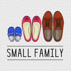 Illustration of spring men's, women's and children's shoes. Lettering small family