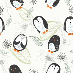 Vector seamless pattern with cute cartoon penguins