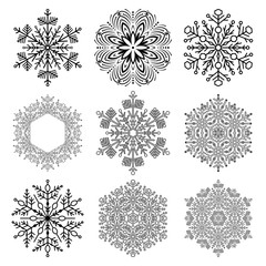Set of vector black and white snowflakes. Fine winter ornaments. Snowflakes collection. Snowflakes for backgrounds and designs