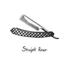 Straight razor, hand drawn doodle sketch with inscription, isolated vector illustration