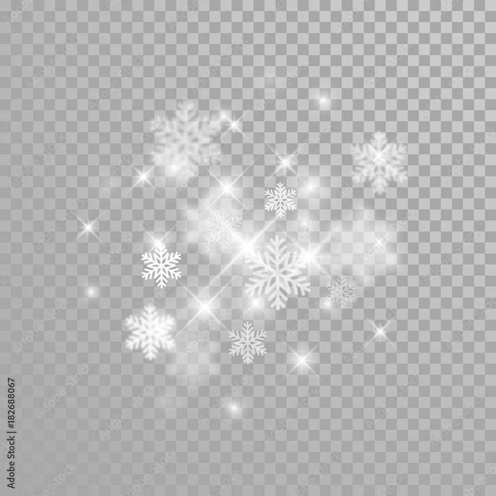 Poster Christmas snowflakes glitter with sparkling light effect on white transparent background. Vector winter holiday snowfall sparkles of glittering confetti firework for New Year glowing festive design