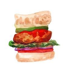 watercolor sandwich with cutlet, watercolor illusrtation isolated on white, image for menu, recipe, cookbook, fast food poster design