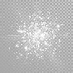 Christmas sparkling snow and glittering snowflakes confetti on white transparent background. Vector winter holiday sparkling glitter firework light effect for New Year festive glowing magic design