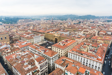 Fototapeta na wymiar Florence, ITALY - October, 2017: Florence or Firenze aerial foggy cityscape.