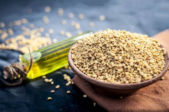 oil of Trigonella foenum-graecum,methi,fenugreek in a clay bowl with its seed.