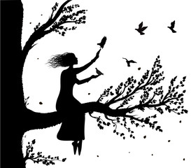 girl sitting on big tree branch an holding the pigeons flying to her, autumn wind and birds silhouette, secret place, childhood memory,