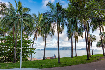 Lady looking out to coastal island from a palm tree lined foreshore.