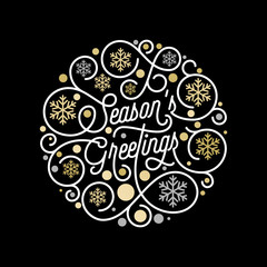 Season Greetings calligraphy lettering and golden snowflake pattern on white background for Christmas greeting card design. Vector golden New Year flourish swash holiday text Xmas decoration