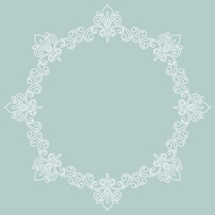 Oriental vector round white frame with arabesques and floral elements. Floral border with vintage pattern. Greeting card with place for text