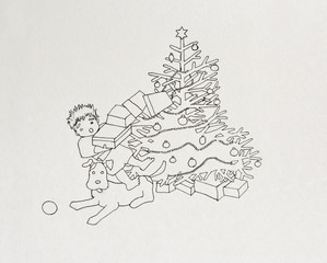 Ink Line Drawing of Little boy tripping over dog holding christmas parcels in front of tree.