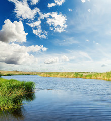 blue water in river with green sides under blue sky with clouds