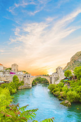 Beautiful view of the medieval town of Mostar from the Old Bridge in Bosnia and Herzegovina