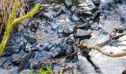 Water running over rocks.