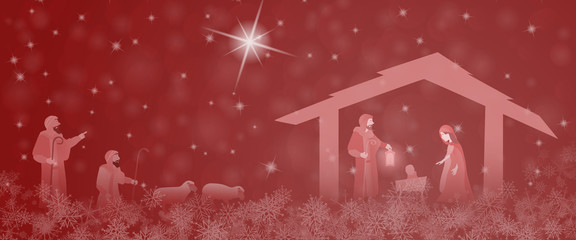 Christmas time. Nativity scene with Mary, Joseph, baby Jesus and the shepherds in Christmas landscape.